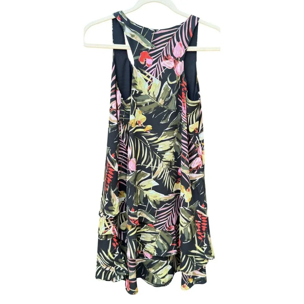 Cupio Black Tropical Floral Sleeveless Dress Tiered Hem S Breezy Flowy Womens - Picture 4 of 6